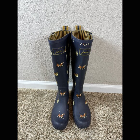 Joules Tall Navy Blue Rainboots Dogs Waterproof 2016 Heel British Gardening 39 8 - Picture 2 of 8